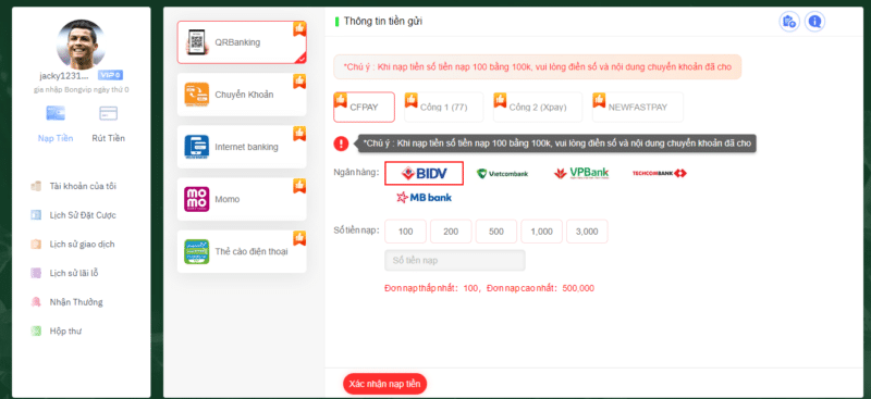 Các phương thức nạp tiền tại bongvip